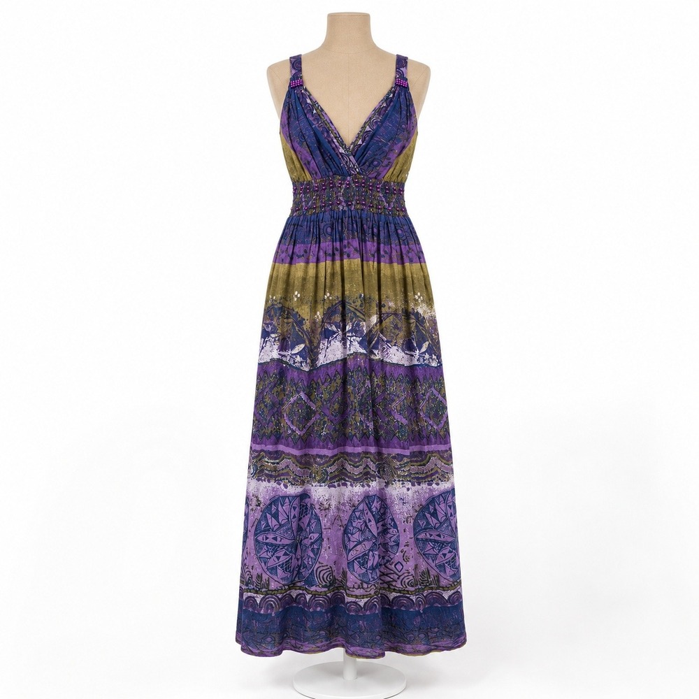 Vintage Y2K 100% Cotton Babydoll Maxi Dress Size 1X Purple Tie Dye Boho Festival